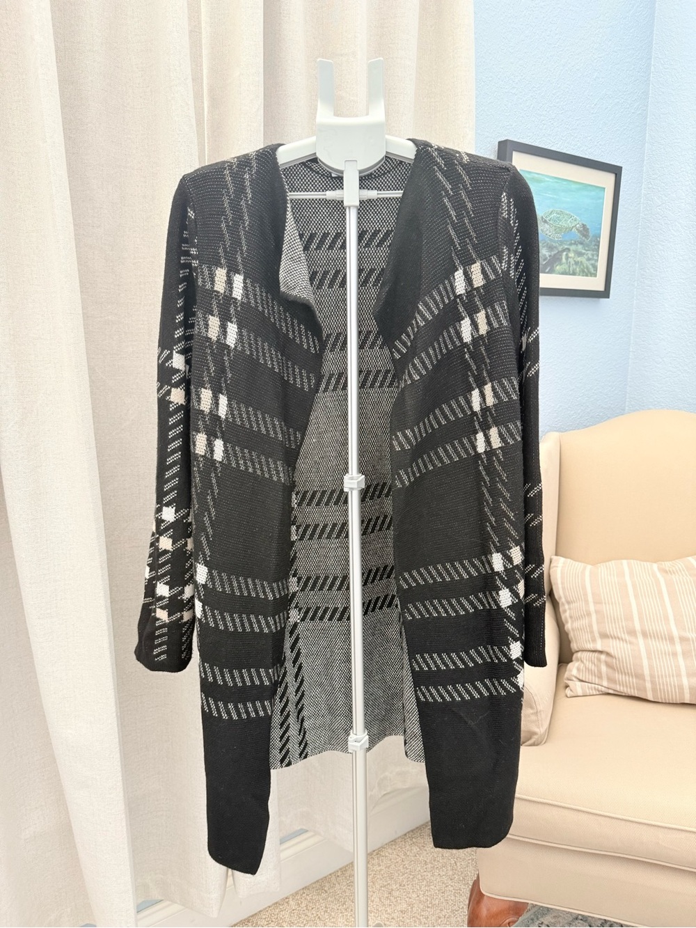 Charter Club Black White Tan Plaid Open-Front Waterfall Sweater Cardigan Wrap L